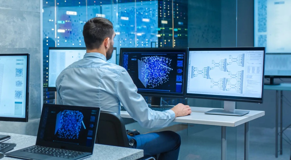 Data analyst working with visualizations in Edinburgh office